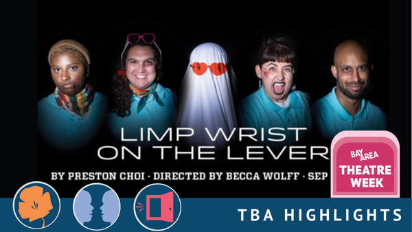 Four people in blue polos look at the camera with different expressions, with a sheet-covered figure wearing red heart sungla