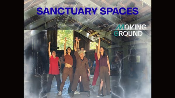 An edited photograph of seven dancers wearing browns, reds, oranges, and purples are located in a barn and are each reaching