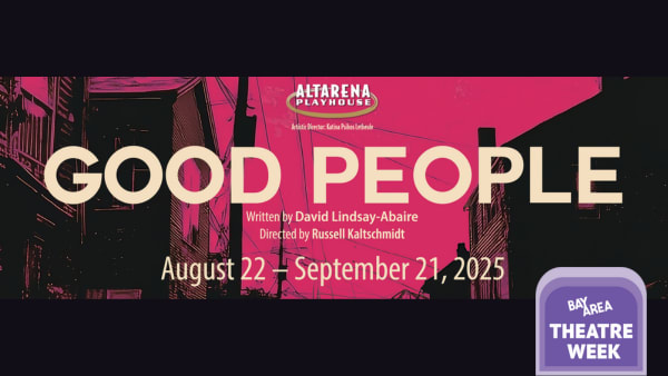 Black on Hot Pink a sketched image of a run down urban street. GOOD PEOPLE in all caps by David Lindsay-Abaire with the show