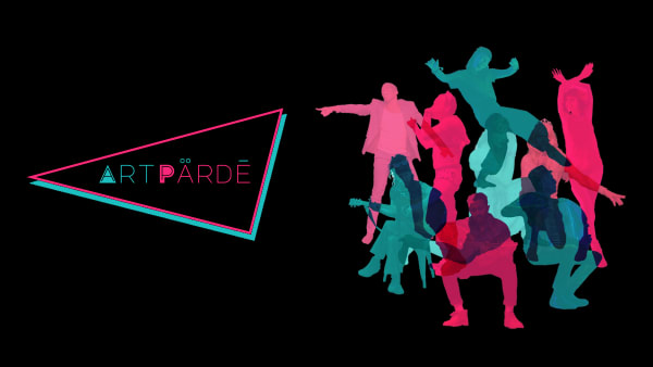 A collage of past performer's silouettes in vibrant teal and hot pink with a triangular logo for ArtPärdē.