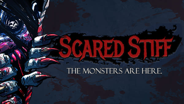 A demonic creature breaking through a crack in the wall, next to the words "Scared Stiff: The Monsters Are Here."