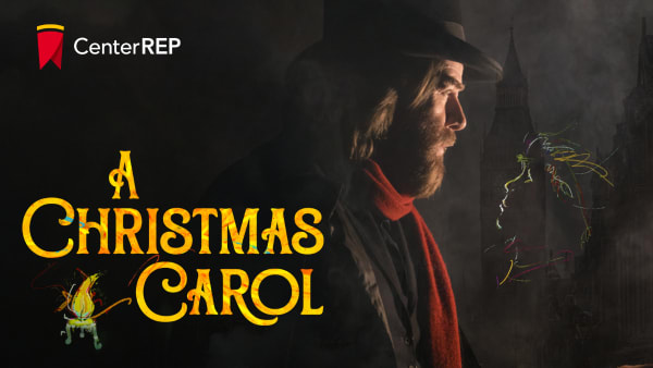 Center REP logo and A Christmas Carol title artwork with candle, with an image of Scrooge looking past a ghostly child's uptu