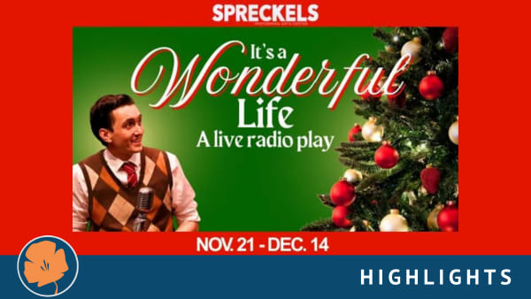 A young man smiles while holding 1940's style microphone with Christmas tree, plus show logo for It's a Wonderful Life: A Liv