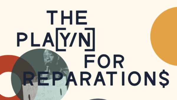 The image features the title THE PLA[Y/N] FOR REPARATION$ and 3 circles. One circle is yellow, another is red and white, and