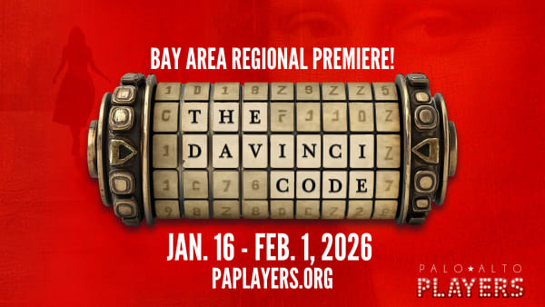 A cryptex puzzle with the words "THE DA VINCI CODE" as the correct answer lays above a red background of the Mona Lisa.