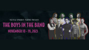Photo including all 9 cast members with various outline colors and the words The Boys in the Band November 10-19