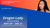 A rectangle banner featuring orange and blue split horizontally. Inlcudes "Written and Performed by Sara Porkalob Directed by