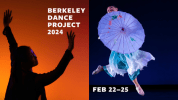 Two side-by-side images of female dancers: the first is silhouetted with arms raised against an orange background