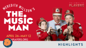 THE MUSIC MAN logo next to an image of Professor Harold Hill with two members of his boy's band. The boys don't have a clue w