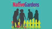 Two couples standing on either side of a fence talking. Native Gardens