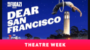 Dear San Francisco show logo with acrobat leaping through hoop in front of the Coit Tower