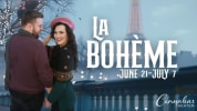 White text over paris background that says "La Boheme" with the Cinnabar Theater logo on the lower right corner
