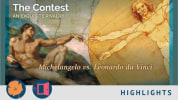 Graphic panel for the Central Works production of THE CONTEST; Michelangelo's image of Adam touching a superimposed