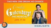 Two men pose playfully in front of a bright yellow background for Cinnabar Theater’s production of Gutenberg! The Musical! Th