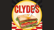 The word Clyde's and a big sandwich on a red checkered tablecloth