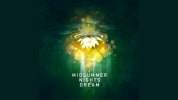 This is a bright green grahpic with the reflection of a golden lotus reflected in a cool green pool; the title A Midsummer Ni