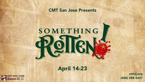 Something Rotten Logo Over a Tudor House Background