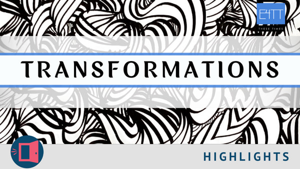 A white background, with snaking black squiggly lines throughout. A banner in the middle spells out "Transformations," with E