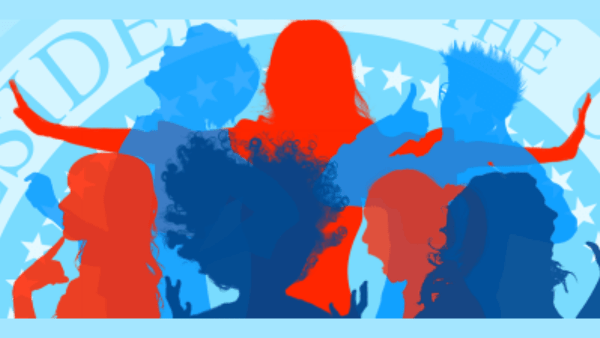 red and blue women's silhouettes against a light blue background