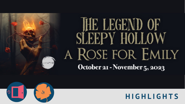 A pale hand grasps a flaming skull, encircled by thorns and roses against a backdrop of shadowy forest. Logo in the corner sa
