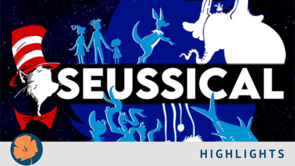 Seussical in white text in front of cartoon seuss characters including cat in the hat