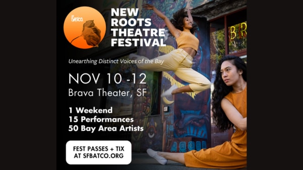 A dancer is jumping in front of the Brava Theatre Center in the Mission. The poster is describing the dates and times of the