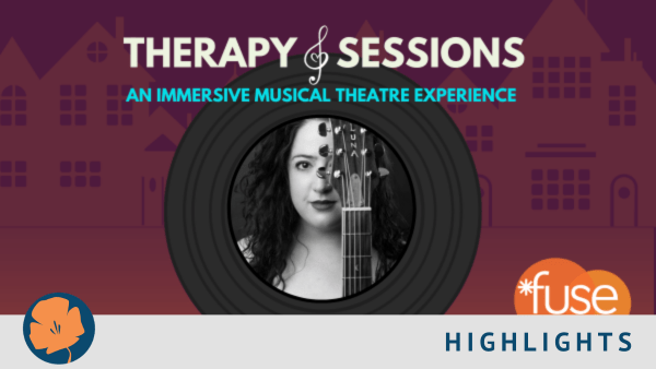 Headshot of Melissa Modifer with guitar against a skyline background. With text Therapy Sessions, an immersive theatre exper