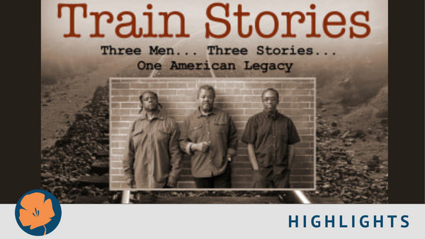 Sepia image of the three actors dressed as railroad workers on a backdrop of train tracks. Train Stories. Homegrown Highlight