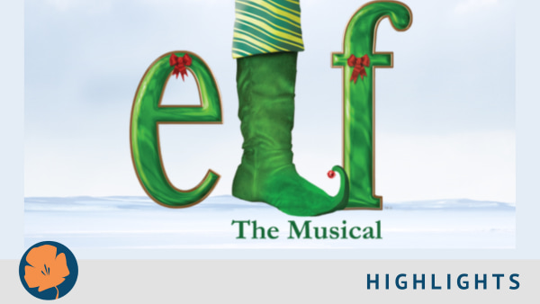 Elf The Musical logo with green and red holiday themed lettering. The "L" in elf is shown as a green elf shoe/stocking over a