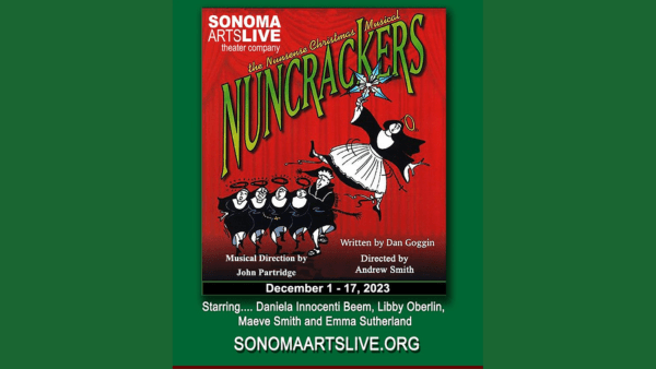 Nuncrackers the Musical logo. A Christmas Angel falling with nuns and a priest dancing.