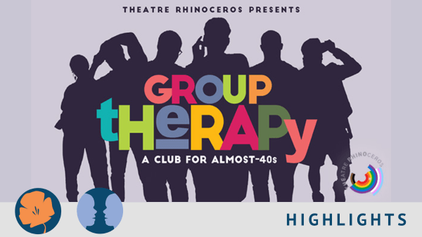Six silhouettes of Black and brown characters pose behind multicolored bold letters that say "Theatre Rhinoceros presents: GR