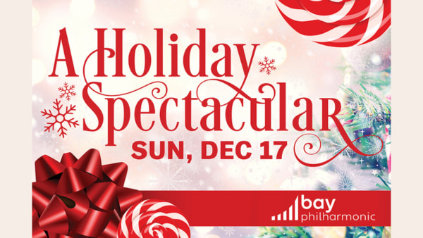 logo with red lettering, candycane and bow
