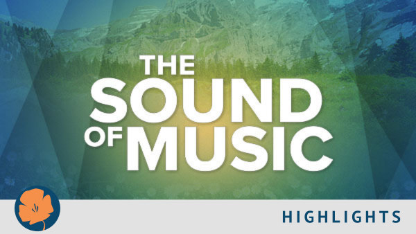 Sound of Music show art. Abstract green hills behind show title text.
