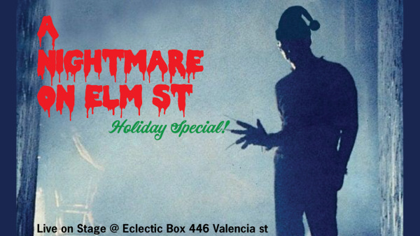 Fred Krueger stands in a dark alley with a Santa hat on.