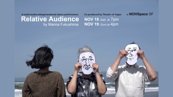Three artists are standing in front of a blue sky at Ocean Beach. Two are holding a oval paper in front of their face on whic