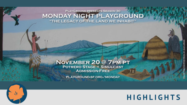 The background is the Ohlone Creation Story mural by Jean Lamarr with white text overlaid discussing the date, location, and