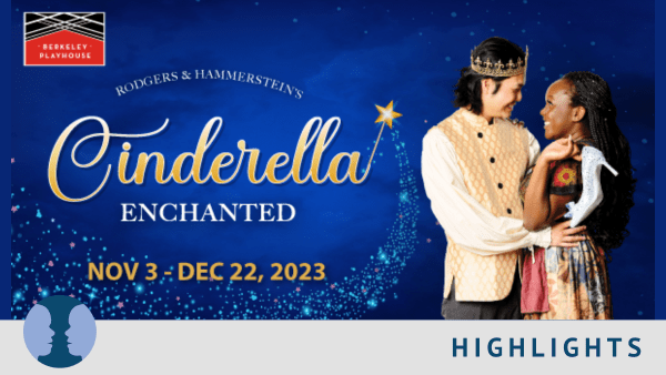 Actors Kennedy Joy Fullard (Cinderella), wearing a patterned dress and sparkles in her hair, and Vinh G. Nguyen (Christopher,