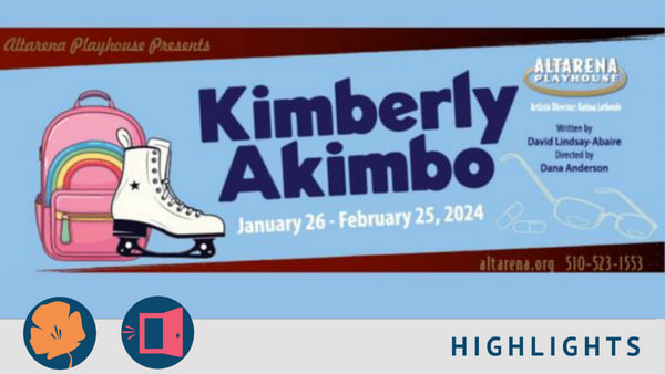 Ice Skate in front of a pink backpack with a rainbow "Kimberly Akimbo"