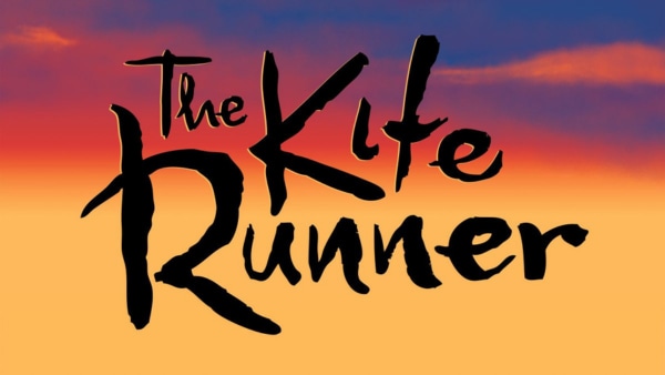 An illustrated purple to yellow sunset is in the background. In front is the title of the play "The Kite Runner" in black.