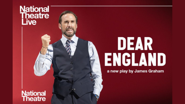 A man standing in front of a red background. Title of play is on the rght side in white letters "Dear England"