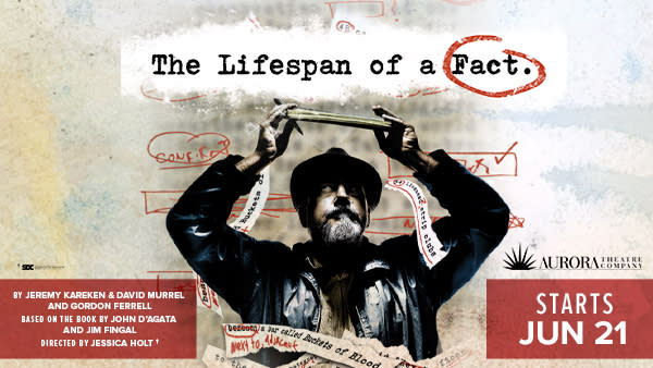 A poster for the play THE LIFESPAN OF A FACT with the names of the authors, title, and release date.