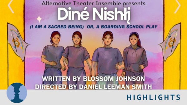 Watercolor-style image of four teen Diné girls running on pavement in front of a purple dusk sky, with yellow borders and Din