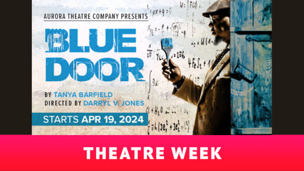 Poster for the play BLUE DOOR featuring a blue door surrounded by musical notes and stars, and a man holding and looking at a