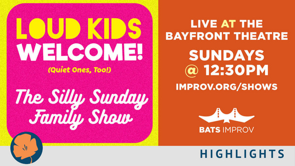Hot pink graphic lined with bright yellow with "Loud Kids Welcome! (Quiet Ones, Too!) The Silly Sunday Family Show
