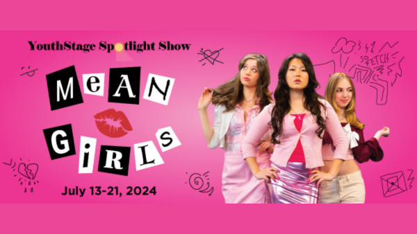 On top of a bright pink background is the show logo "Mean Girls" in black and white block letters on the left and on the righ