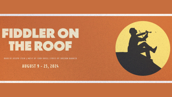 Orange background with drawing of a man sitting on a roof, playing a fiddle.
