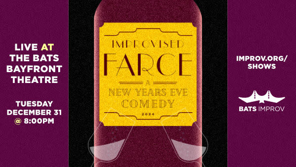 On left side "Live at the BATS BAYFRONT THEATRE Tuesday December 31 @ 8PM" centered on purple background. Center on black bac