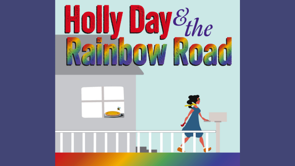 Rainbow colors at top and bottom. Young girl walking away from a house that has a pie in the window