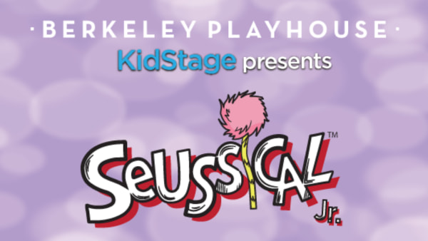 On top of a light purple background are translucent circles and the words "BERKELEY PLAYHOUSE KidStage presents Seussical Jr.