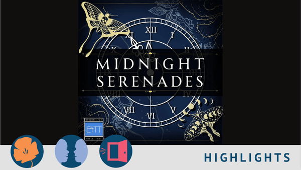 midnight blue background with a white clock and white letters, along with images of a lunar moth in gold, gears in baby blue,